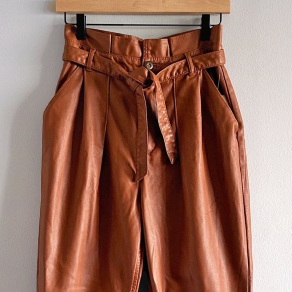 Free People Brown High-Waist Faux Leather Paperbag Pants - Picture 6 of 14
